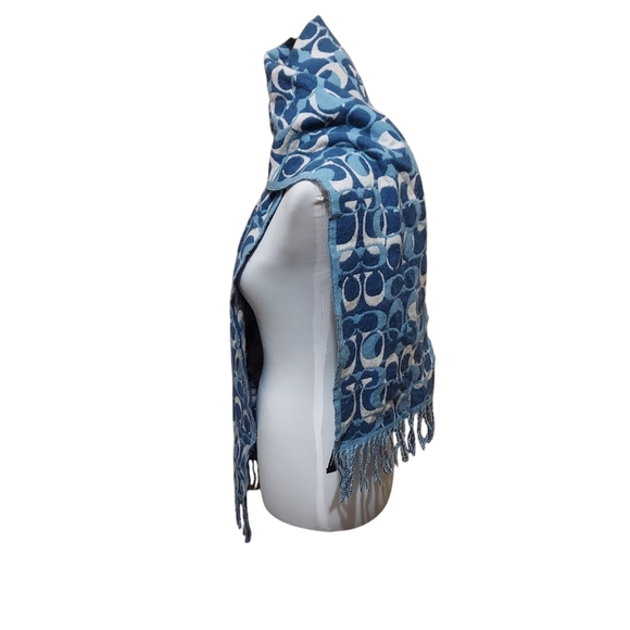 Coach Blues Monogram 100% Merino Wool Oversized‎ Scarf Muffler with fringe - Picture 14 of 15